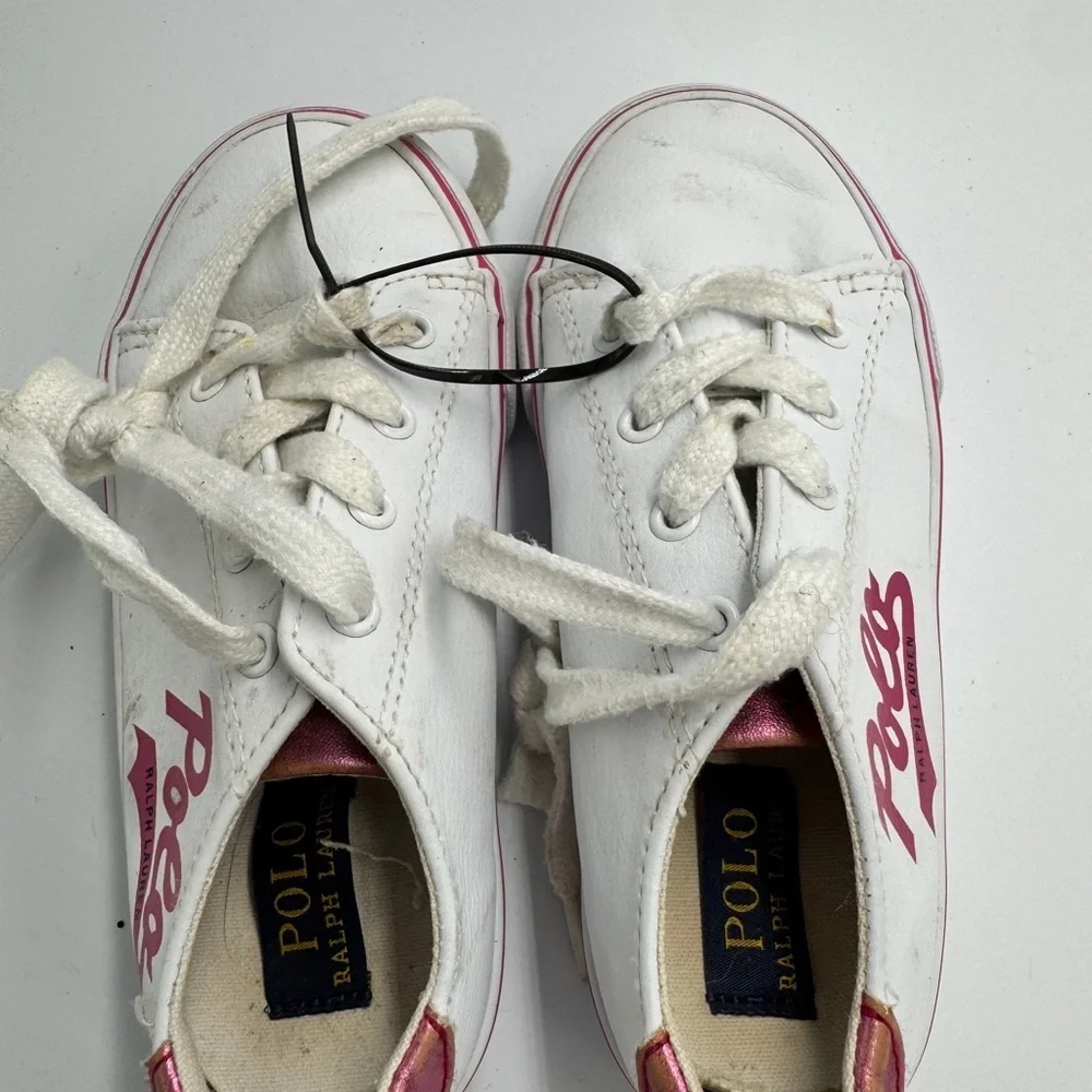 Polo by Ralph Lauren Toddler Girl Size 10 Kids White Sneakers with Pink Accents - Picture 7 of 11
